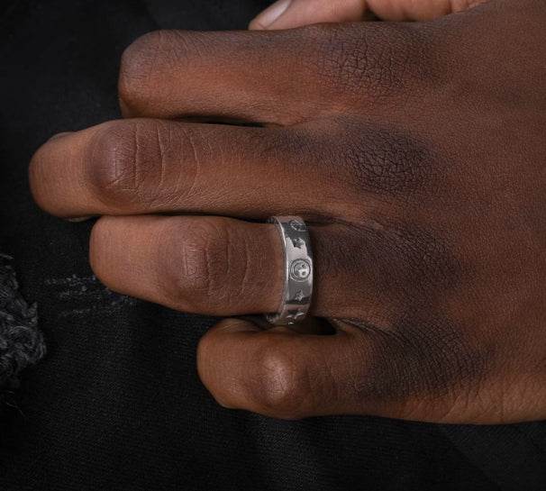 Sterling silver five-pointed star smiley ring hip-hop men and women cool trend opening adjustable - MOWTE