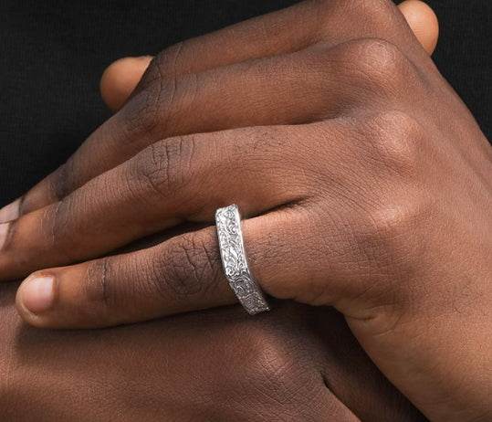 Tang grass pattern S925 sterling silver ring men's hip-hop retro design couple's same style square open ring - MOWTE