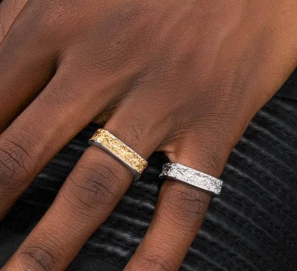Tang grass pattern S925 sterling silver ring men's hip-hop retro design couple's same style square open ring - MOWTE