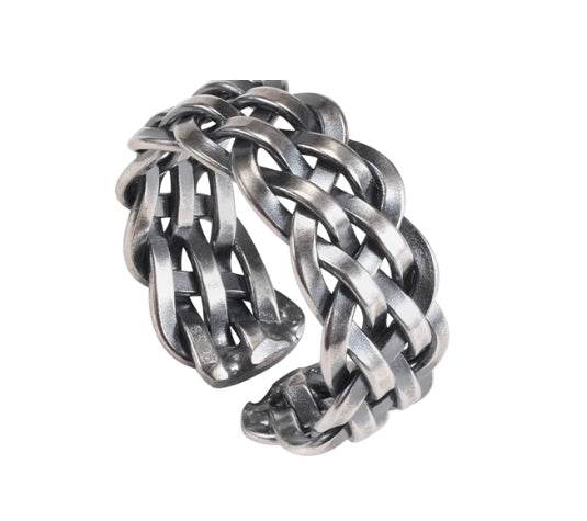 S925 sterling silver braided ring men's hip-hop retro personality open adjustable index finger ring women