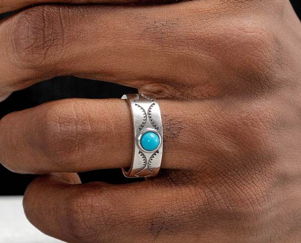 925 sterling silver pattern ring for men hip-hop retro trend personality inlaid turquoise for women open ring
