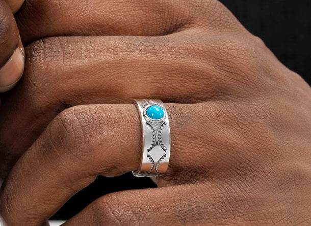 925 sterling silver pattern ring for men hip-hop retro trend personality inlaid turquoise for women open ring
