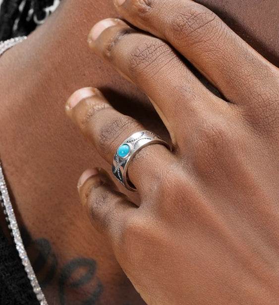 925 sterling silver pattern ring for men hip-hop retro trend personality inlaid turquoise for women open ring