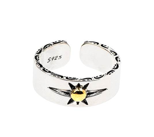 S925 sterling silver retro pattern sun ring for men and women hip-hop simple trendy brand adjustable opening silver jewelry - MOWTE