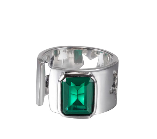 S925 sterling silver emerald ring for men and women, hip-hop trendy hollow five-pointed star index finger ring with adjustable opening