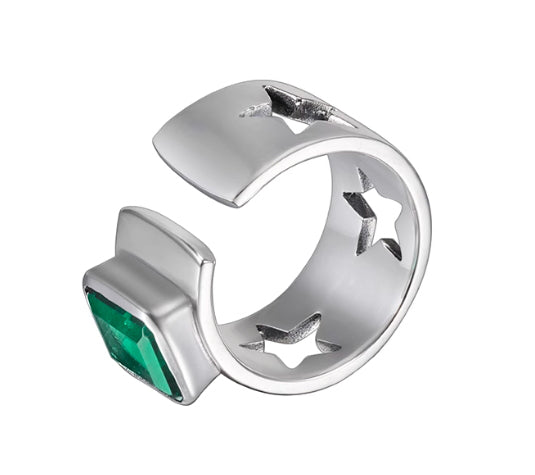 S925 sterling silver emerald ring for men and women, hip-hop trendy hollow five-pointed star index finger ring with adjustable opening