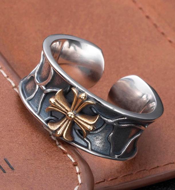 Cross open ring versatile personality S925 sterling silver ring street hip-hop style index finger ring for men - MOWTE