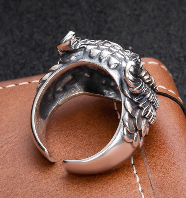 Retro Owl Ring Trendy Men Hip-Hop Personalized Open Ring 925 Sterling Silver Hand-Engraved Index Finger Ring