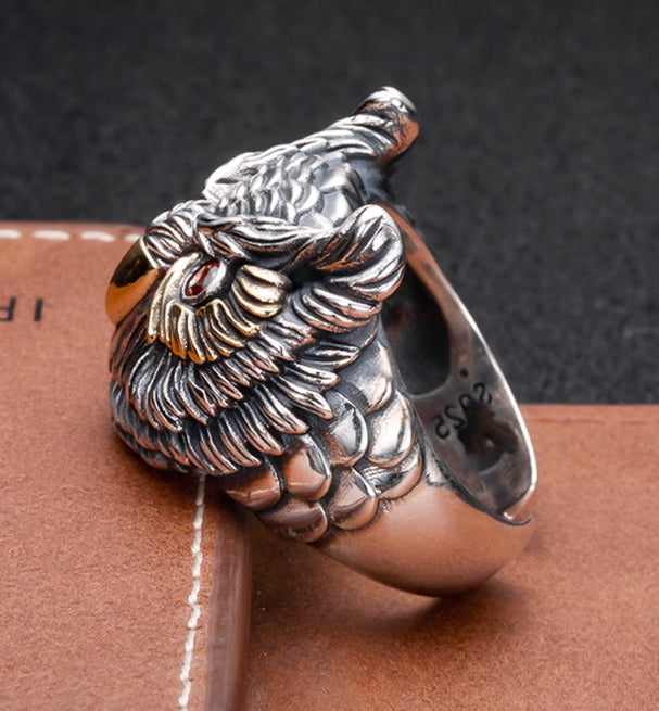 Retro Owl Ring Trendy Men Hip-Hop Personalized Open Ring 925 Sterling Silver Hand-Engraved Index Finger Ring