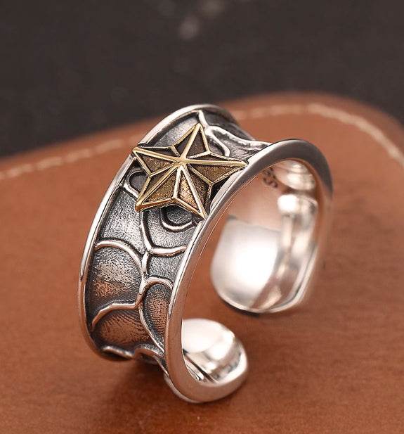 Hip-hop five-pointed star ring men's S925 sterling silver open ring trendy index finger ring - MOWTE