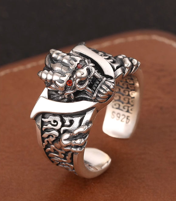 S925 sterling silver domineering faucet ring men's retro flame pattern index finger ring opening adjustable