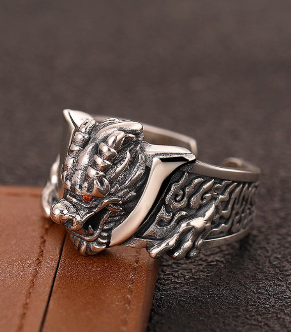 S925 sterling silver domineering faucet ring men's retro flame pattern index finger ring opening adjustable