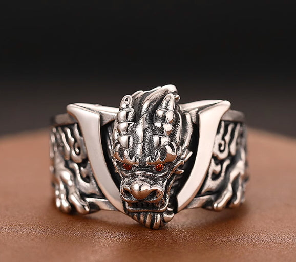 S925 sterling silver domineering faucet ring men's retro flame pattern index finger ring opening adjustable