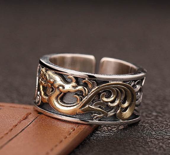 Retro dragon pattern ring S925 sterling silver domineering trendy men's personalized open ring - MOWTE