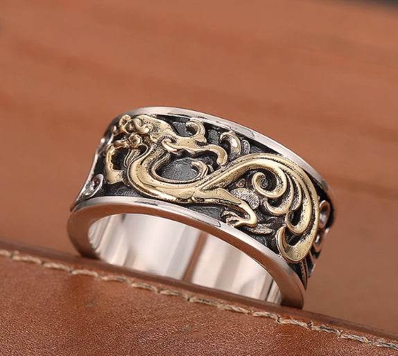 Retro dragon pattern ring S925 sterling silver domineering trendy men's personalized open ring - MOWTE