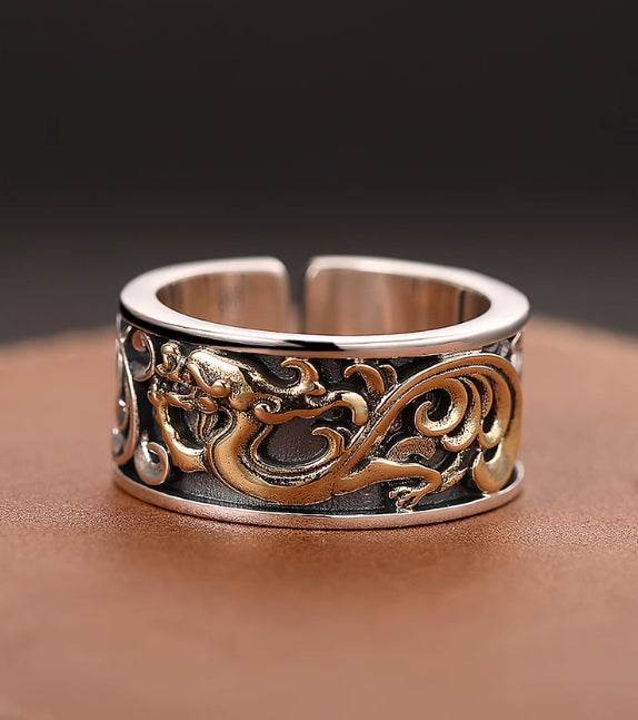 Retro dragon pattern ring S925 sterling silver domineering trendy men's personalized open ring - MOWTE