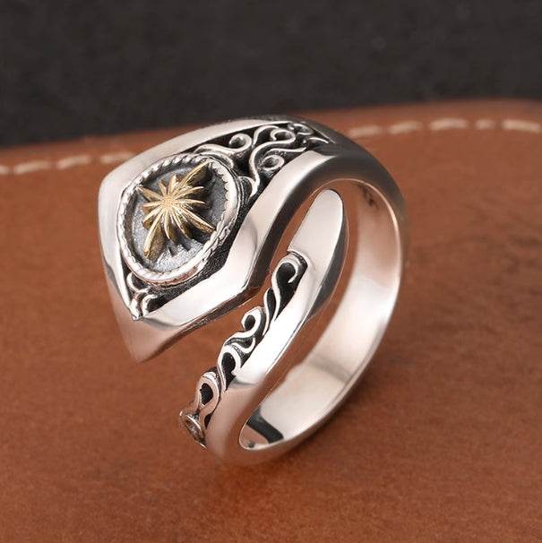 S925 sterling silver vine starburst ring men's trendy punk hip-hop open ring high-end index finger ring - MOWTE