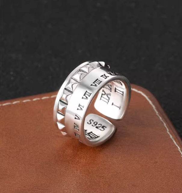 Roman numeral scale ring for men S925 sterling silver hip-hop punk style personalized rivet opening ring