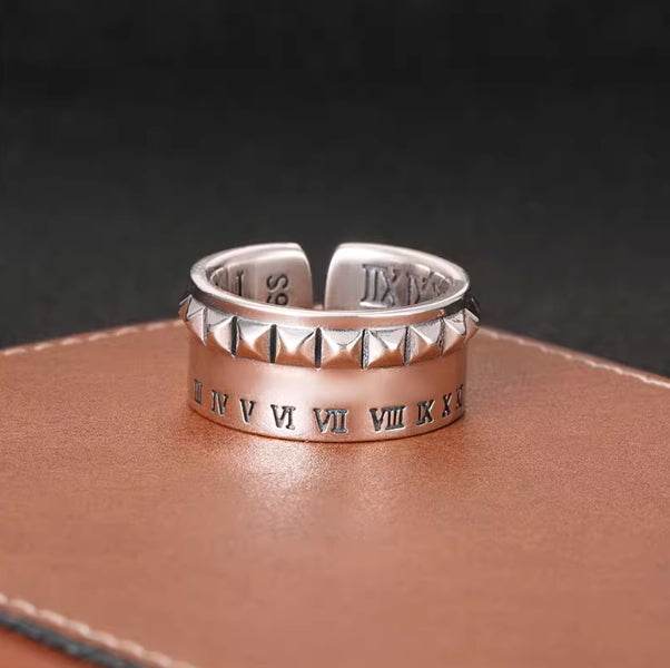 Roman numeral scale ring for men S925 sterling silver hip-hop punk style personalized rivet opening ring