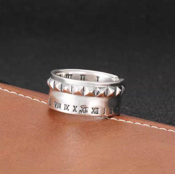 Roman numeral scale ring for men S925 sterling silver hip-hop punk style personalized rivet opening ring