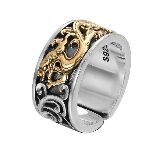 Retro dragon pattern ring S925 sterling silver domineering trendy men's personalized open ring - MOWTE