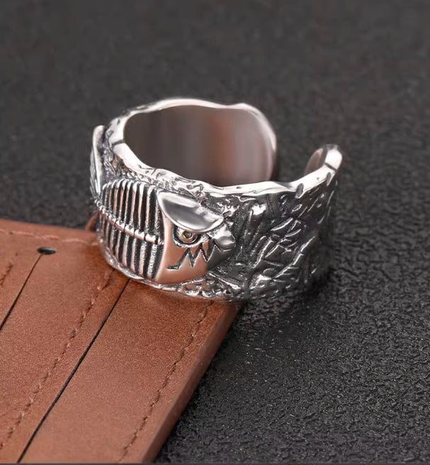 Exaggerated personality fishbone open ring S925 sterling silver hip-hop lucky koi ring index finger ring for men