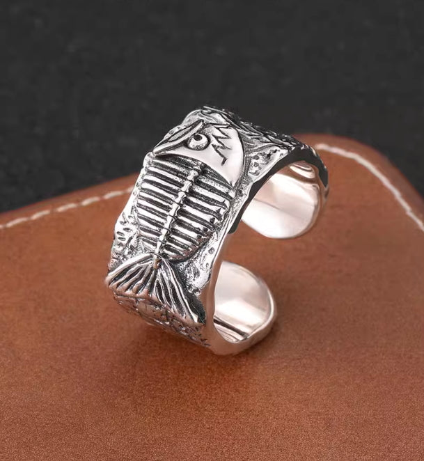 Exaggerated personality fishbone open ring S925 sterling silver hip-hop lucky koi ring index finger ring for men