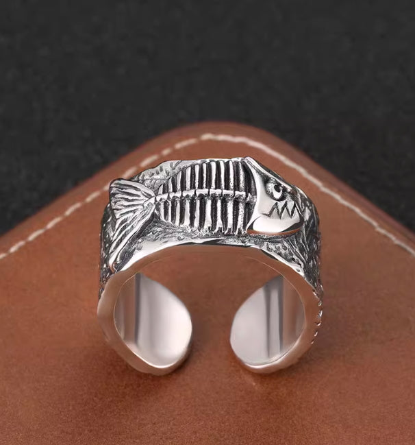 Exaggerated personality fishbone open ring S925 sterling silver hip-hop lucky koi ring index finger ring for men