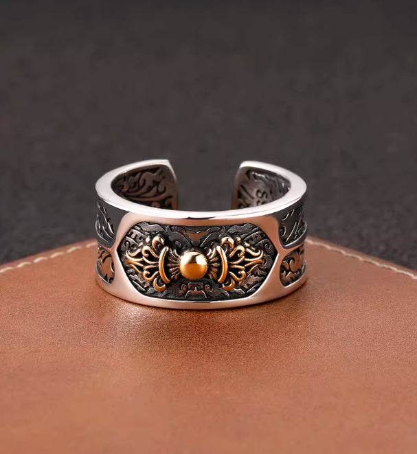 Vajra vine grass pattern open ring for men 925 sterling silver retro personalized embossed antique style wide ring - MOWTE