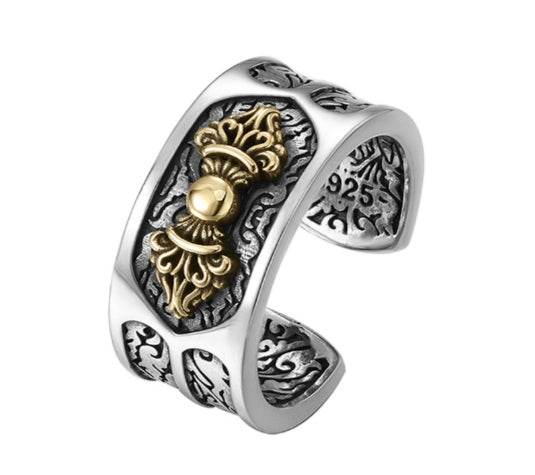 Vajra vine grass pattern open ring for men 925 sterling silver retro personalized embossed antique style wide ring - MOWTE