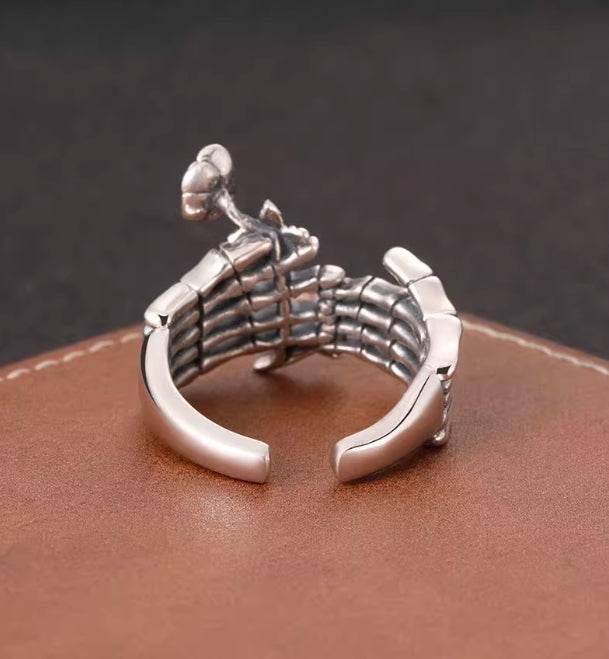 Dark style skull holding rose ring men's S925 sterling silver personality punk trendy open ring - MOWTE