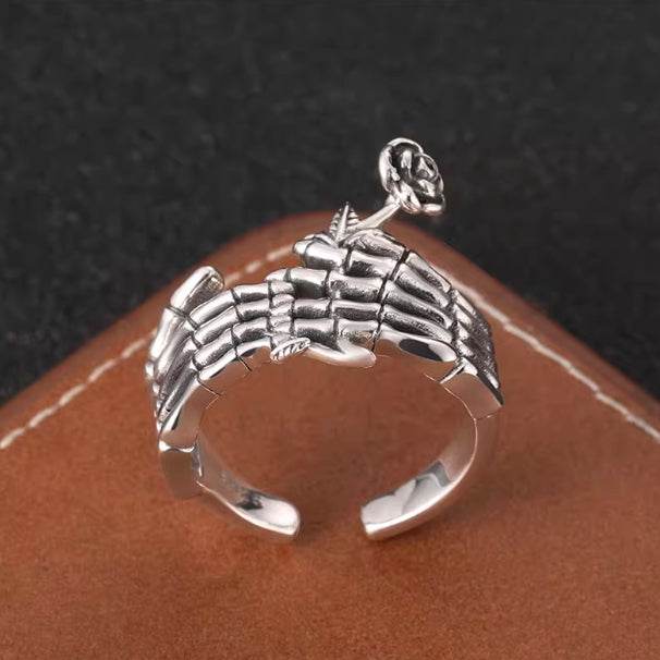 Dark style skull holding rose ring men's S925 sterling silver personality punk trendy open ring - MOWTE