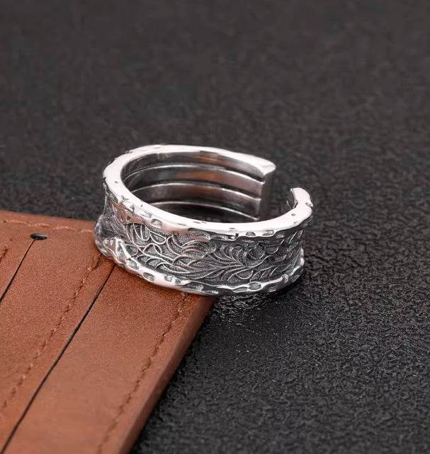 Retro rattan grass pattern open ring for men, trendy 925 sterling silver personalized tree pattern texture engraving ring for women