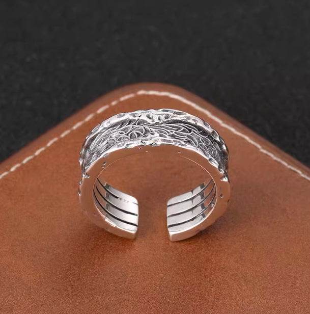 Retro rattan grass pattern open ring for men, trendy 925 sterling silver personalized tree pattern texture engraving ring for women