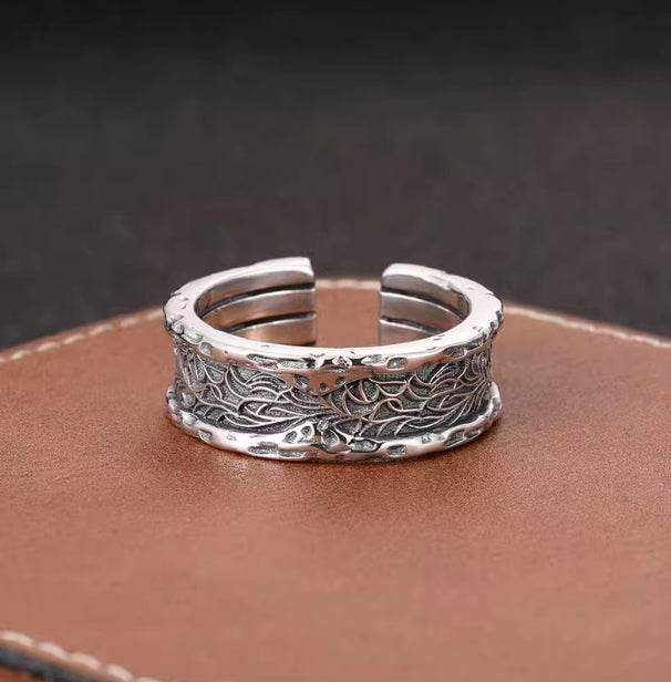 Retro rattan grass pattern open ring for men, trendy 925 sterling silver personalized tree pattern texture engraving ring for women - MOWTE