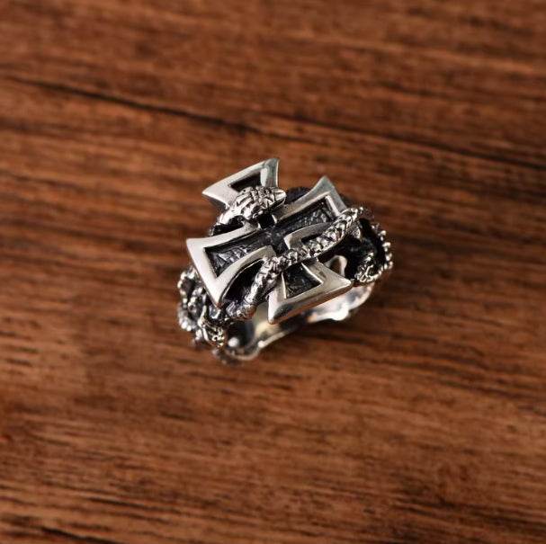 s925 sterling silver retro domineering men's fashion trend cross python entwined retro ring - MOWTE