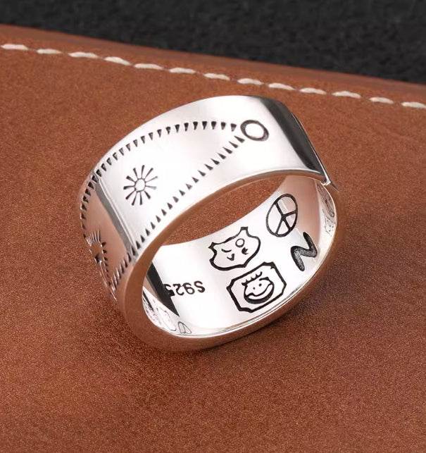 925 sterling silver Indian open ring for men vintage hand-engraved pattern Navajo style wide ring for women - MOWTE