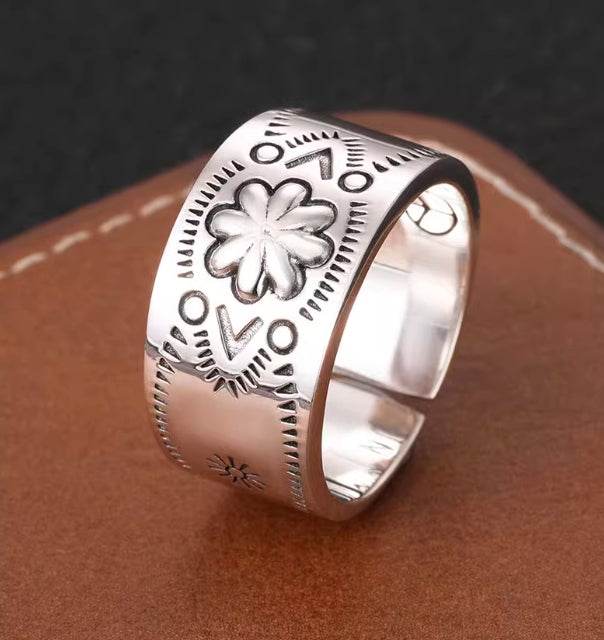 925 sterling silver Indian open ring for men vintage hand-engraved pattern Navajo style wide ring for women - MOWTE