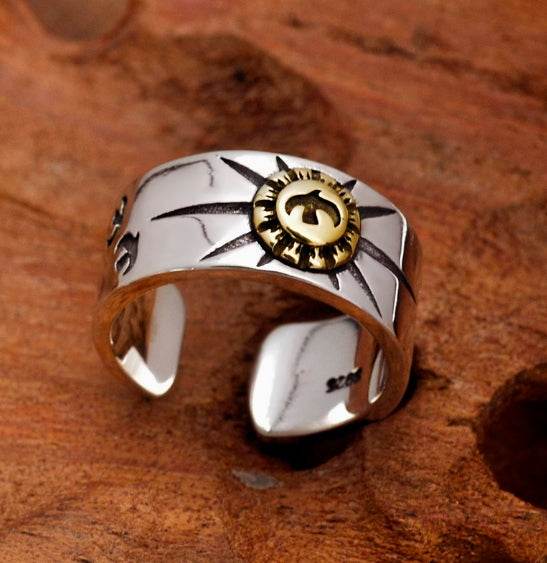 S925 sterling silver trendy men's ring high bridge inlaid with copper flying eagle ray totem mark open men's and women's simple ring - MOWTE
