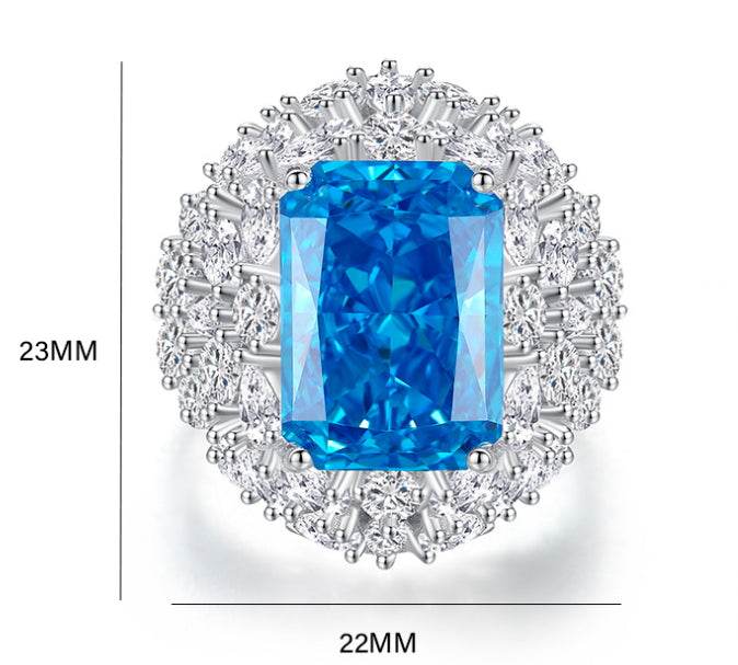 S925 silver high carbon diamond aquamarine ring luxury 8A zircon radiant gemstone ring - MOWTE
