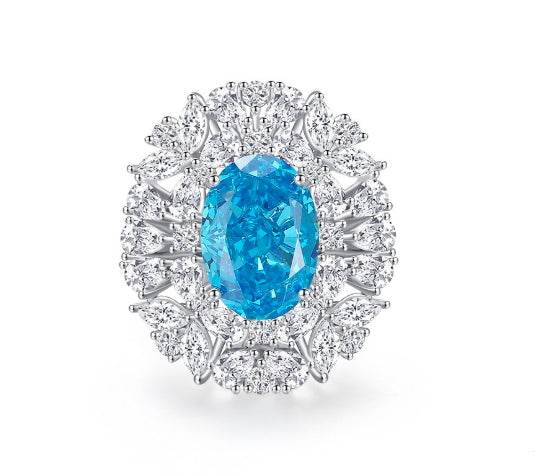S925 silver high carbon diamond aquamarine ring luxury 8A zircon oval cut gemstone ring - MOWTE