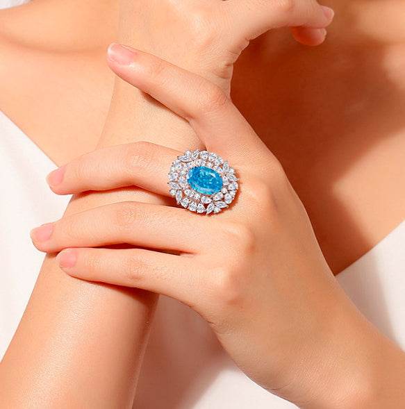 S925 silver high carbon diamond aquamarine ring luxury 8A zircon oval cut gemstone ring - MOWTE