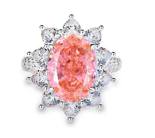 Padparadscha pink oval cut 925 sterling silver ring for women colored huge gemstones high carbon full diamond - MOWTE