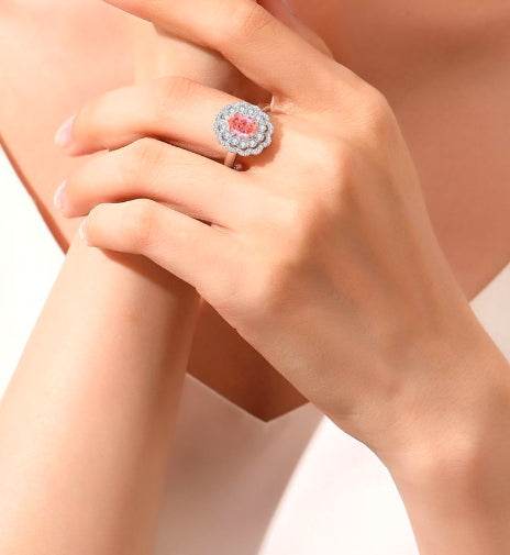 Padparadscha pink oval cut 925 sterling silver ring for women colored gemstones high carbon full diamond - MOWTE
