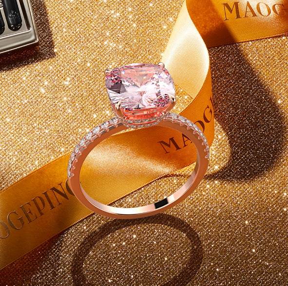 925 silver 10*10mm high carbon diamond 5 carat fat square pink diamond ring engagement proposal wedding ring for women - MOWTE