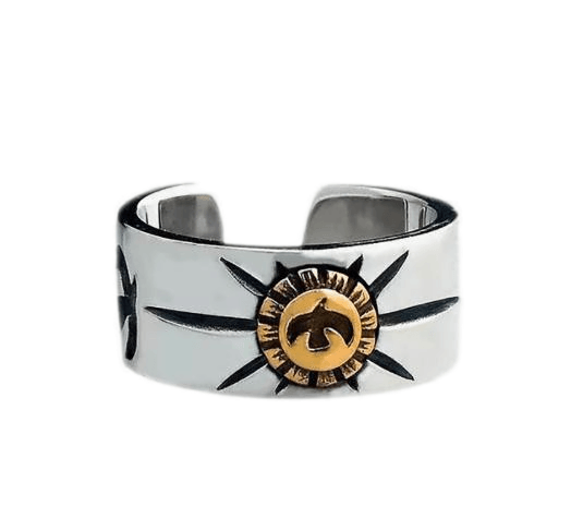 S925 sterling silver trendy men's ring high bridge inlaid with copper flying eagle ray totem mark open men's and women's simple ring - MOWTE