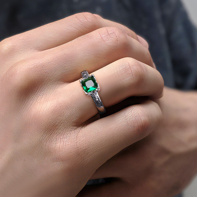 Pure silver green stone couple ring