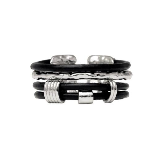 Personality sterling silver ring leather cord multi-layer open index finger ring dark