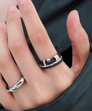 Personality sterling silver ring leather cord multi-layer open index finger ring dark