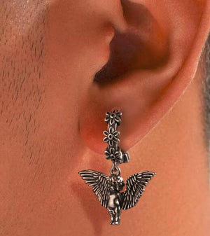 Men's 925 Sterling Silver Ear Little Angel Flower Silver Jewelry INS Trendy Accessories Earrings